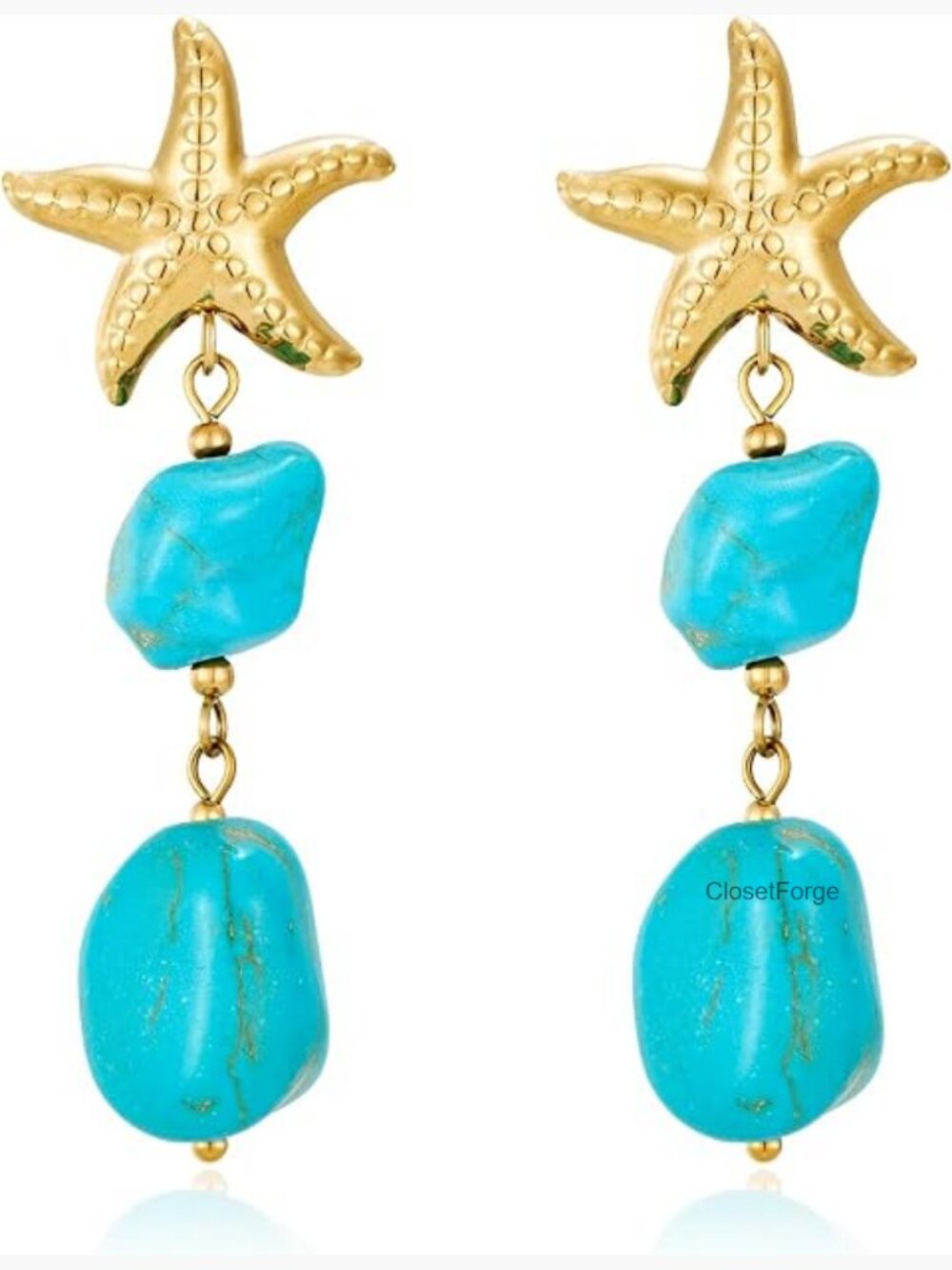 Gold Starfish Turquoise Dangle Earrings, Drop Earrings for Women